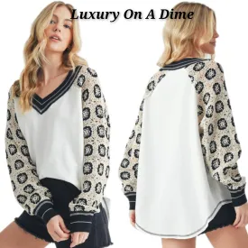 Amei Co Crochet Long Sleeve Granny Open Knit V-neck Top Contrast Pullover Shirt