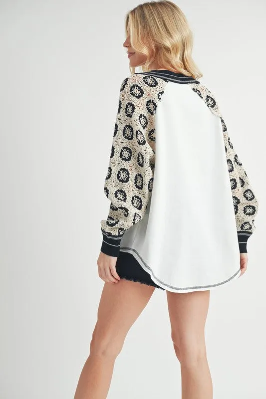 Amei Co Crochet Long Sleeve Granny Open Knit V-neck Top Contrast Pullover Shirt