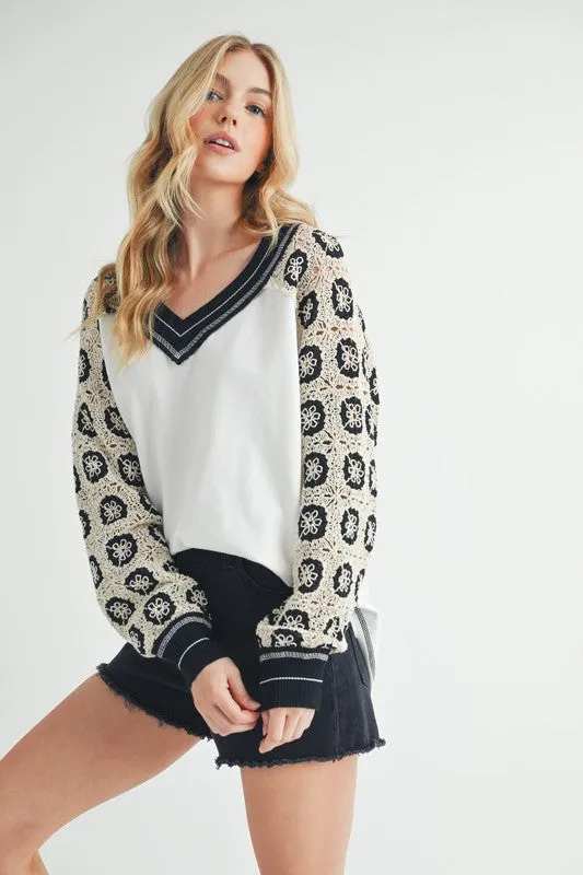 Amei Co Crochet Long Sleeve Granny Open Knit V-neck Top Contrast Pullover Shirt