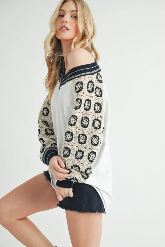 Amei Co Crochet Long Sleeve Granny Open Knit V-neck Top Contrast Pullover Shirt