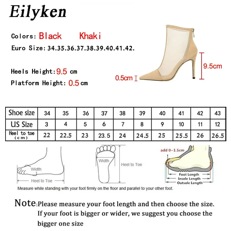 Eilyken New Spring Autumn Sexy Mesh Women Ankle Boots Pointed Toe Fashion Zip Ladies Party Stiletto High Heels Shoes Size 34-40