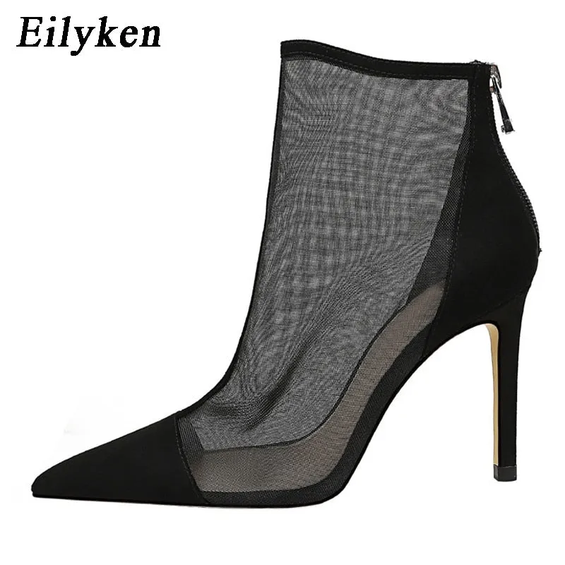 Eilyken New Spring Autumn Sexy Mesh Women Ankle Boots Pointed Toe Fashion Zip Ladies Party Stiletto High Heels Shoes Size 34-40