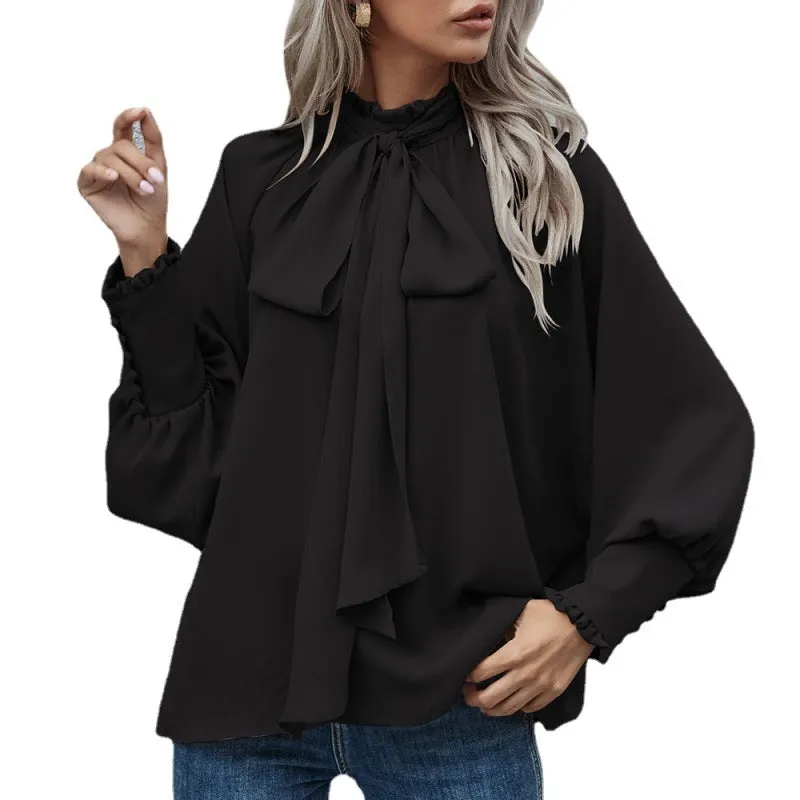 Fara High-Neck Bow Tie Bubble Long-Sleeved Loose All-Match Top
