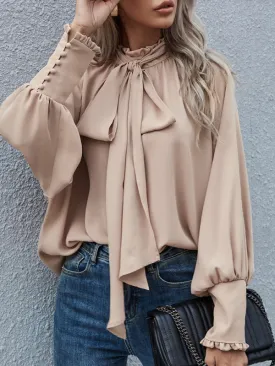 Fara High-Neck Bow Tie Bubble Long-Sleeved Loose All-Match Top