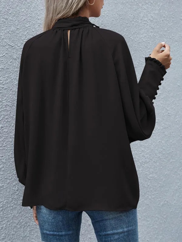 Fara High-Neck Bow Tie Bubble Long-Sleeved Loose All-Match Top