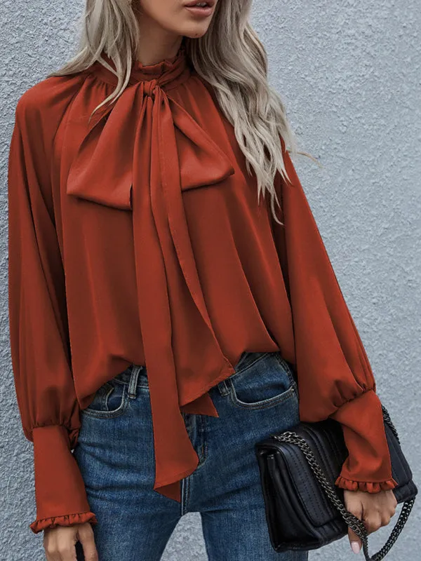 Fara High-Neck Bow Tie Bubble Long-Sleeved Loose All-Match Top