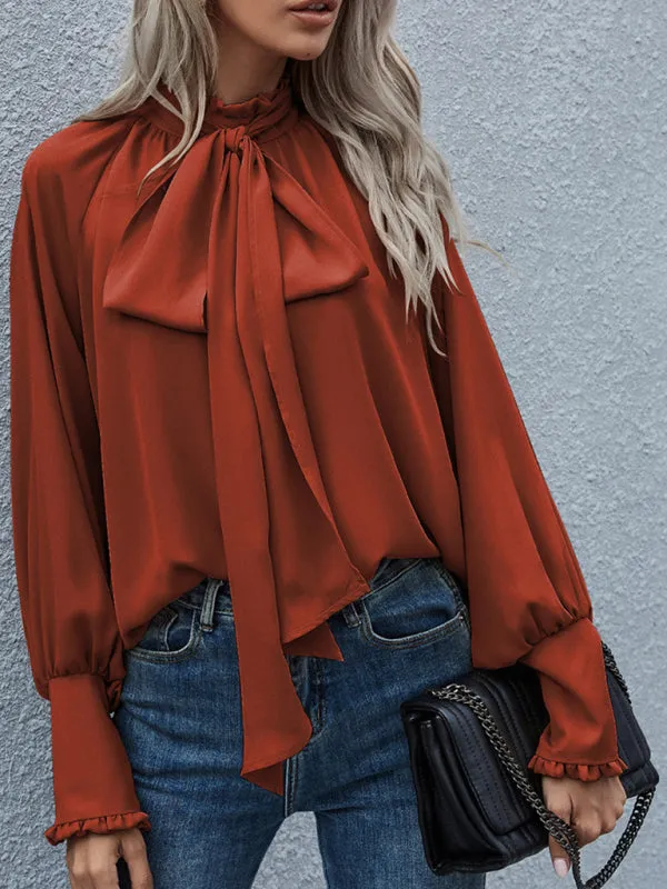 Fara High-Neck Bow Tie Bubble Long-Sleeved Loose All-Match Top