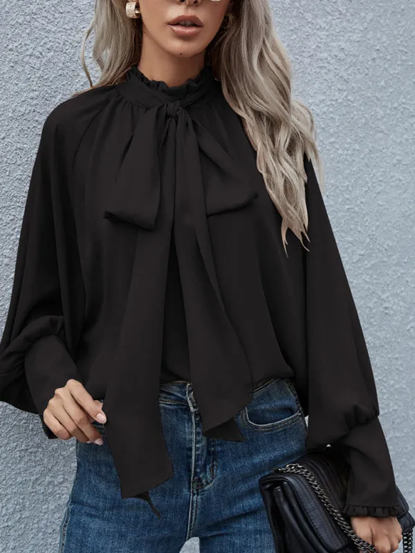 Fara High-Neck Bow Tie Bubble Long-Sleeved Loose All-Match Top