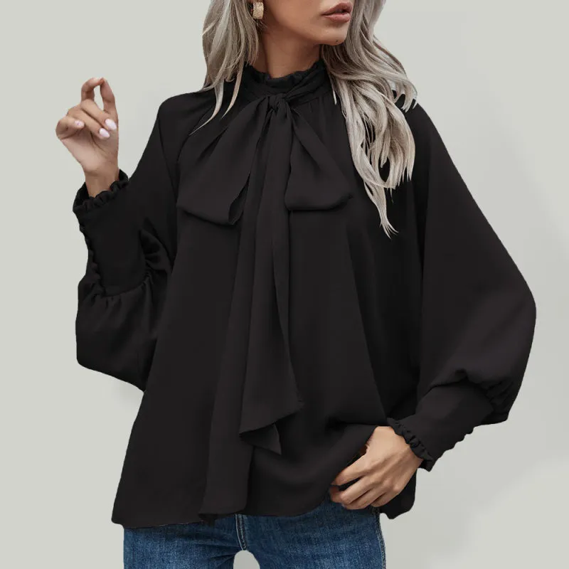 Fara High-Neck Bow Tie Bubble Long-Sleeved Loose All-Match Top