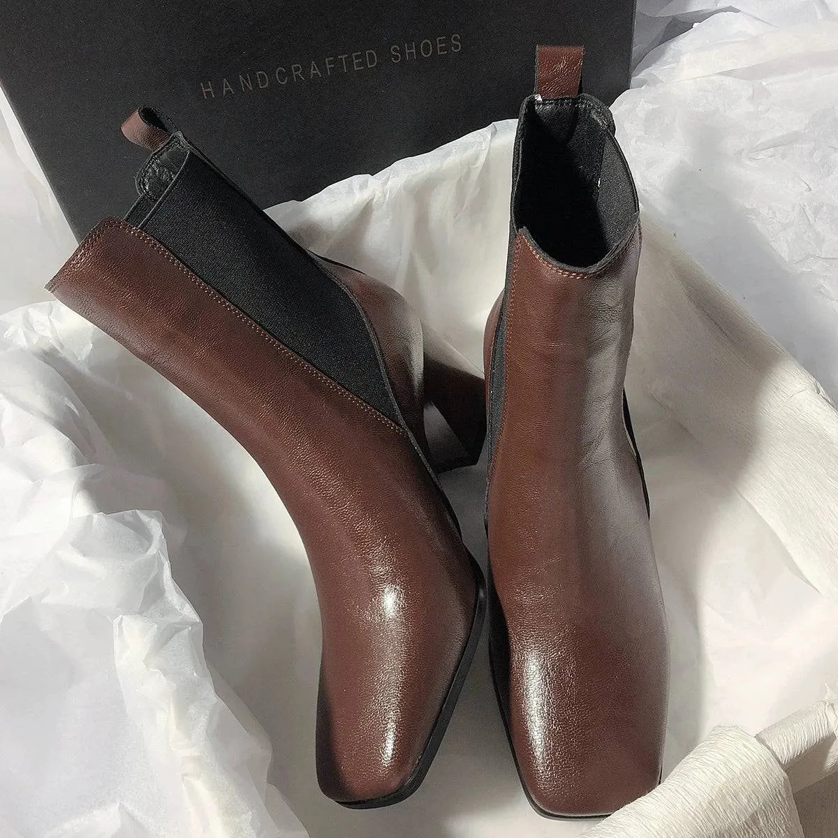 French Retro Chunky Heel Leather Short Boots for Women