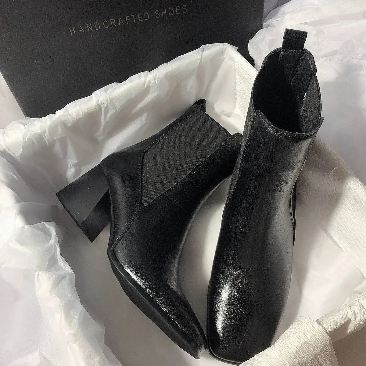 French Retro Chunky Heel Leather Short Boots for Women