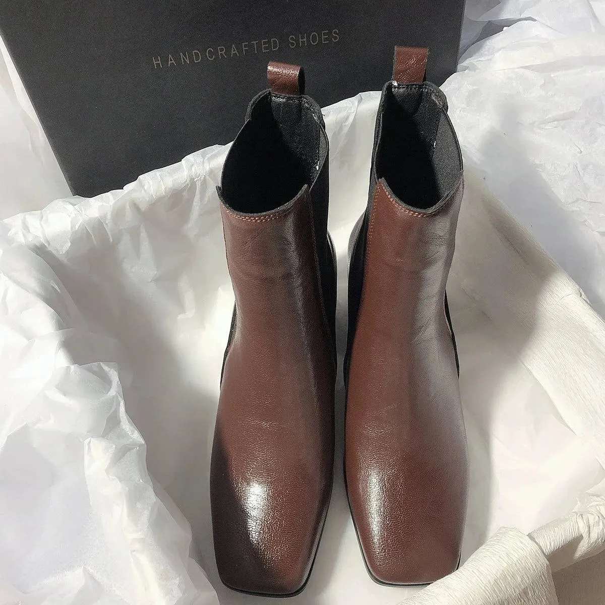 French Retro Chunky Heel Leather Short Boots for Women