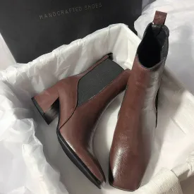 French Retro Chunky Heel Leather Short Boots for Women