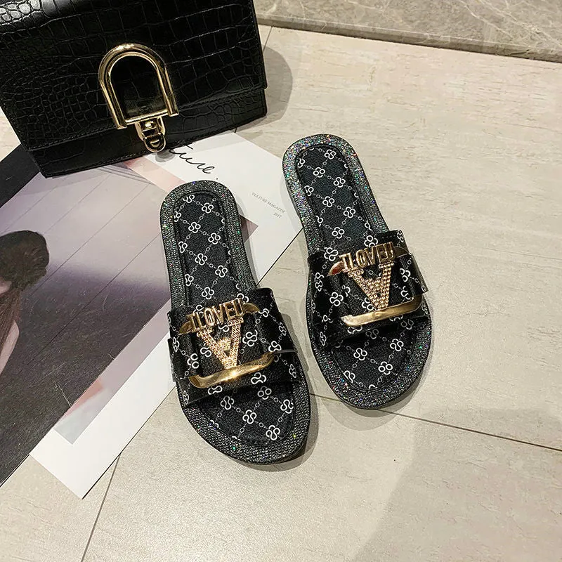 Summer Designer Luxury Women Brand Sandals  Metal Button Letter  Women Slippers Flat Beach Shoes Ladies Sandals Casual Flip Flop