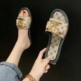 Summer Designer Luxury Women Brand Sandals  Metal Button Letter  Women Slippers Flat Beach Shoes Ladies Sandals Casual Flip Flop