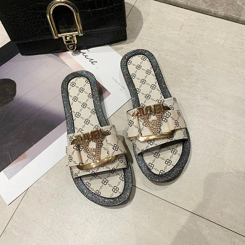 Summer Designer Luxury Women Brand Sandals  Metal Button Letter  Women Slippers Flat Beach Shoes Ladies Sandals Casual Flip Flop