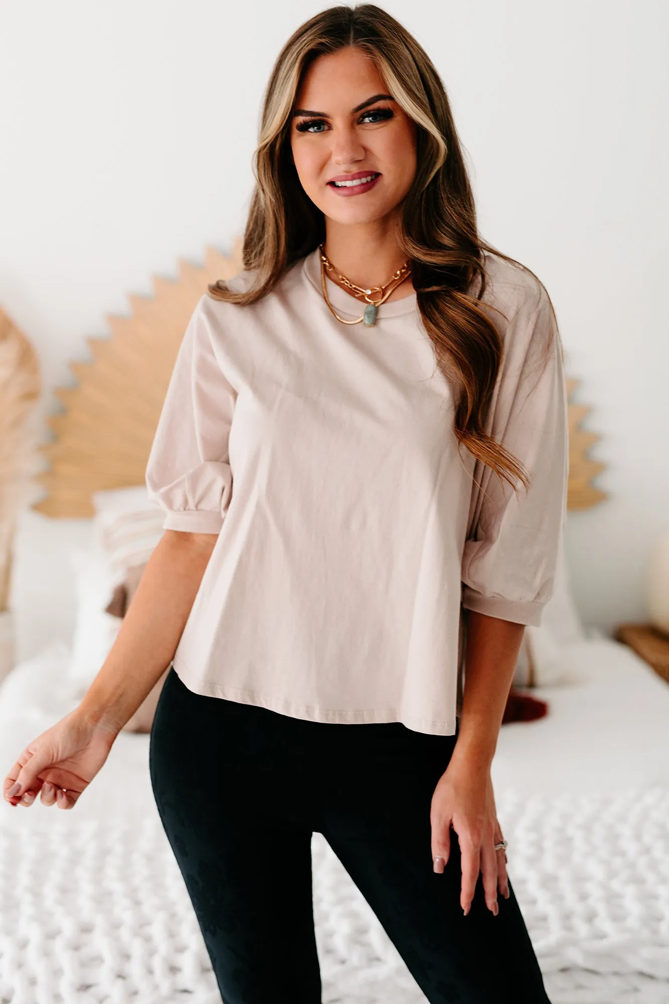 Take My Advice Puffy Sleeve Top (Taupe)