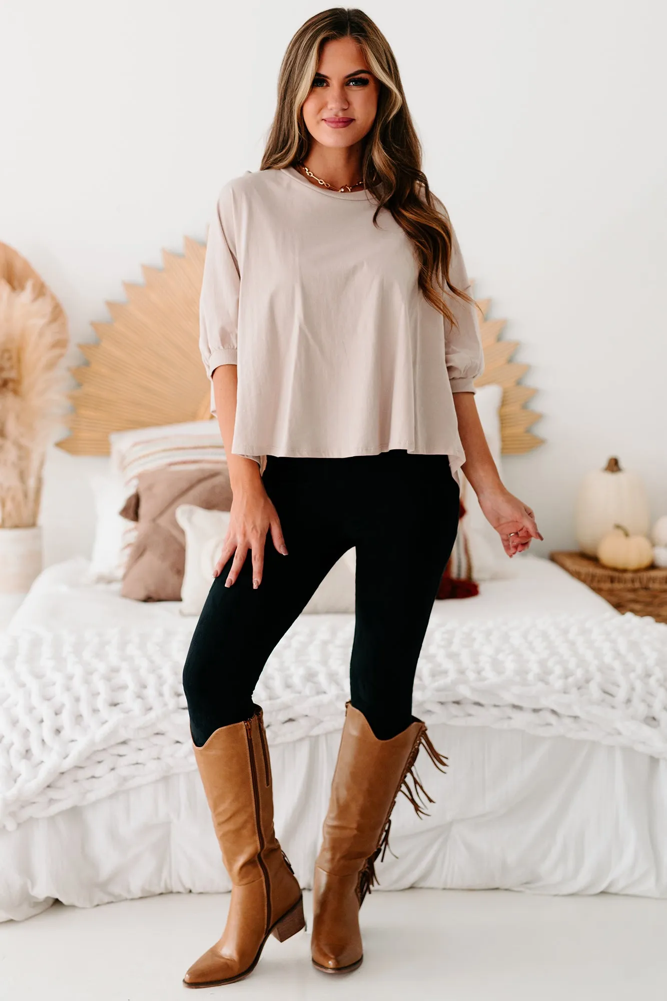 Take My Advice Puffy Sleeve Top (Taupe)