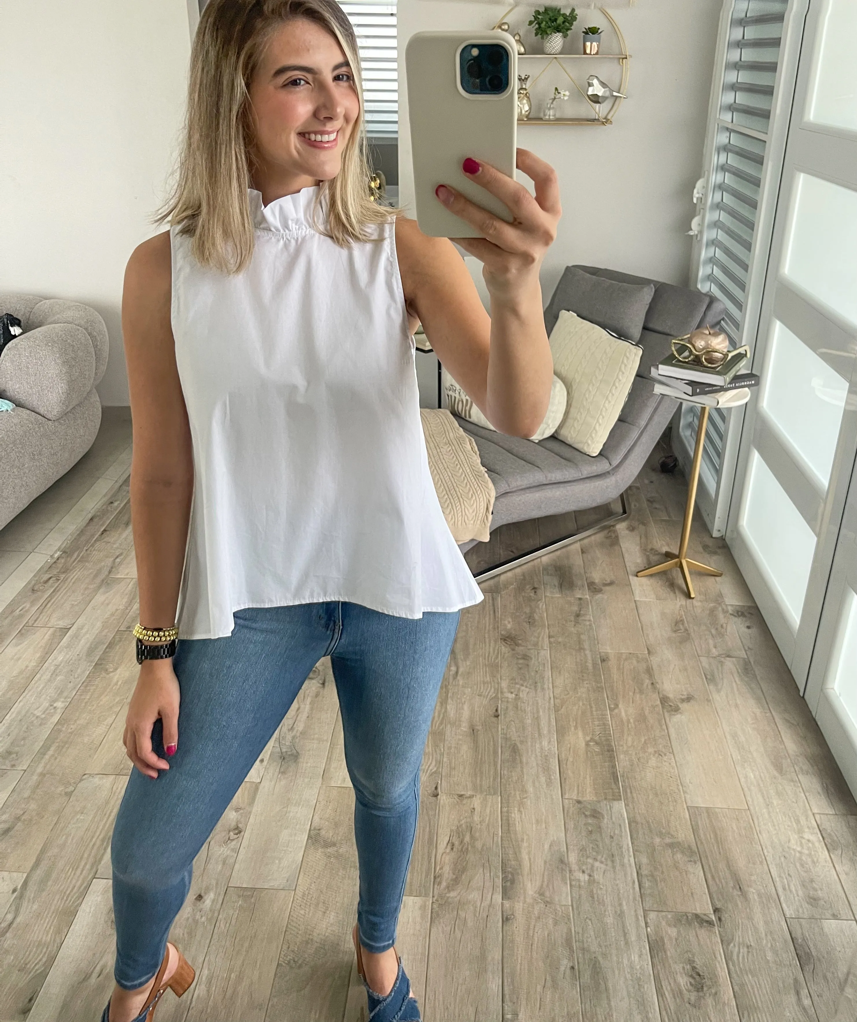 WHITE RUFFLE NECK HIGH LOW BLOUSE