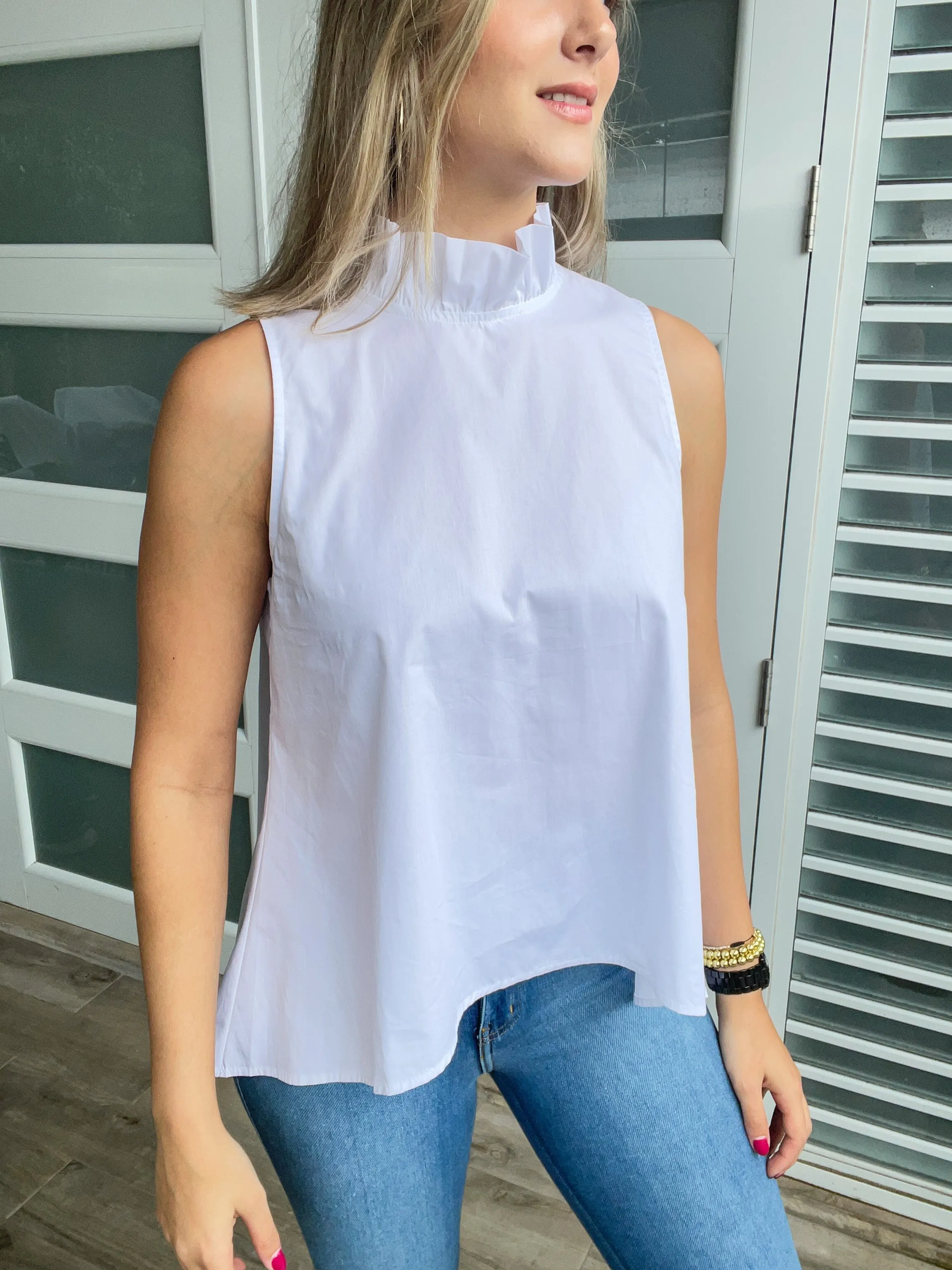 WHITE RUFFLE NECK HIGH LOW BLOUSE