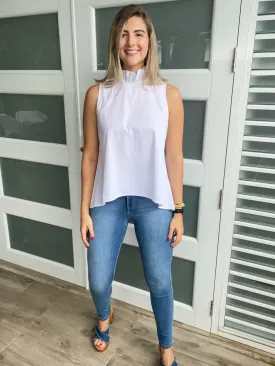 WHITE RUFFLE NECK HIGH LOW BLOUSE