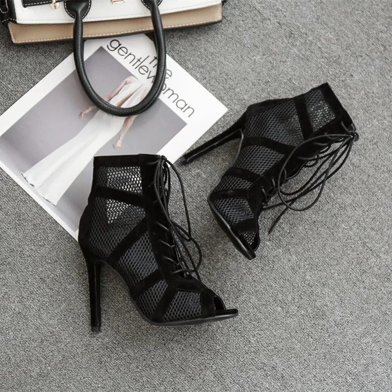 Women&#39;s High Top Dance Shoes Black Ballroom Boots Salsa Tango Shoes Girl Fashion Party Mesh Cutout High Heel Sandals Summer 2022