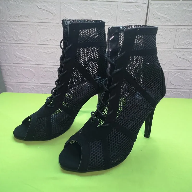 Women&#39;s High Top Dance Shoes Black Ballroom Boots Salsa Tango Shoes Girl Fashion Party Mesh Cutout High Heel Sandals Summer 2022